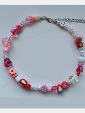 Free People Pink and Red Beaded Indie Sleaze Novelty Charm Statement Necklace